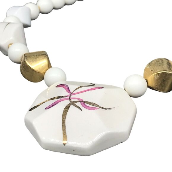 Hand Painted Japanese Beaded Necklace, White, Mauve and Gold Abstract Fireworks - Picture 4 of 9